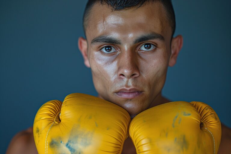 A determined young Hispanic male boxer showcases his focus with yellow gloves at the ready, exuding strength and commitment.