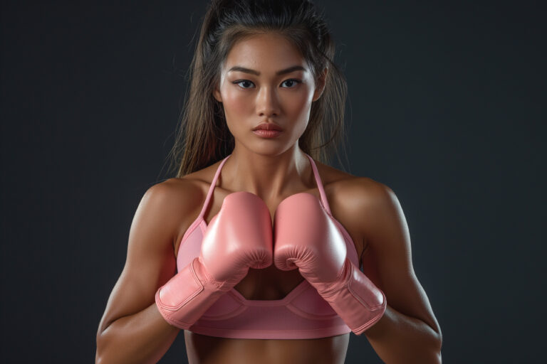A focused young Asian woman in pink boxing gloves, showcasing strength and determination against a dark backdrop.