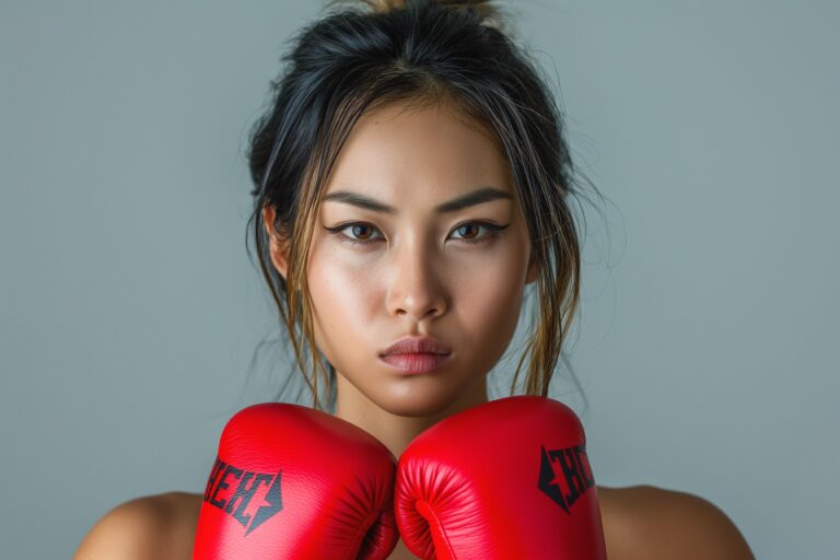 Confident Asian woman with a fierce expression, wearing red boxing gloves, ready to take on any challenge.