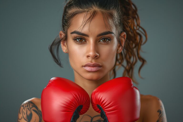 Confident young Latina woman with boxing gloves, showcasing strength and determination in a dramatic portrait.