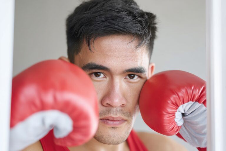 Young southeast asian boxer wearing red boxing gloves training and performing shadow boxing exercises in a boxing ring, looking strong and determined